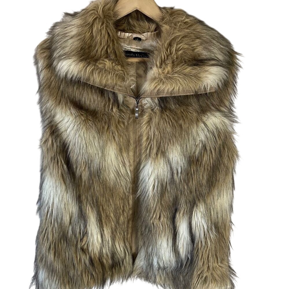 Pamela McCoy Brown/Tan/Cream Faux Fur Front Zip Side Slit Pocket Vest Sz M